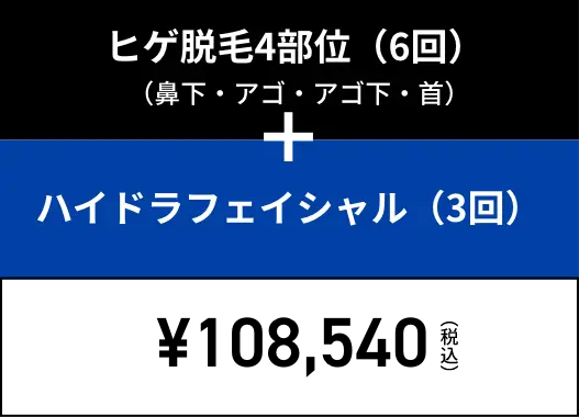 ヒゲ脱毛4部位（6回）（鼻下・アゴ・アゴ下・首）+ハイドラフェイシャル（3回）¥102,510（税込）