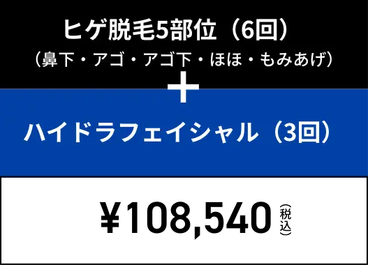 ヒゲ脱毛5部位（6回）（鼻下・アゴ・アゴ下・ほほ・もみあげ）+ハイドラフェイシャル（3回）¥102,510（税込）