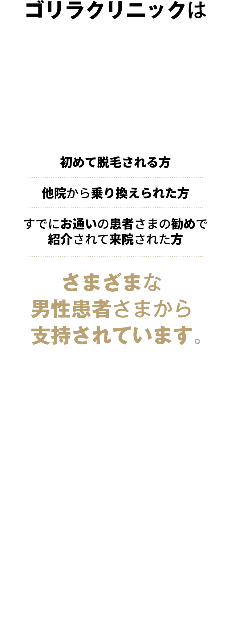 ゴリラクリニックは、初めて脱毛される方、他院から乗り換えられた方、すでにお通いの患者さまの勧めで紹介されて来院された方、さまざまな男性患者さまから支持されています。