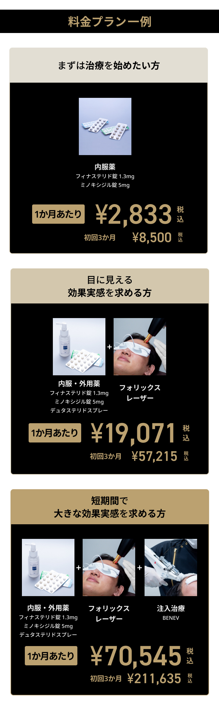 料金プラン一例 まずは治療を始めたい方 目に見える効果実感を求める方 短期間で大きな効果実感を求める方