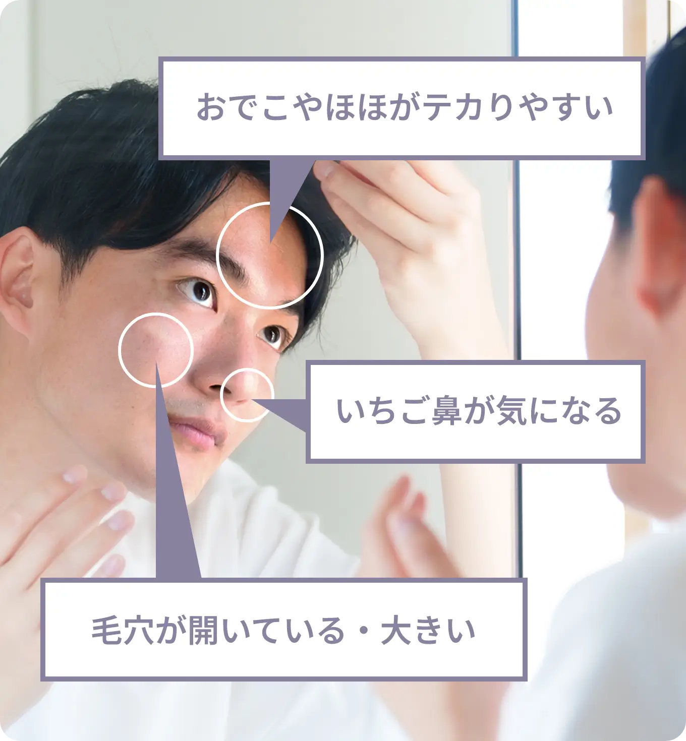 おでこやほほがテカりやすい、いちご鼻が気になる、毛穴が開いている・大きい