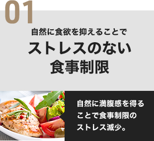 01 自然に食欲を抑えることでストレスのない食事制限 自然に満腹感を得ることで食事制限のストレス減少。
