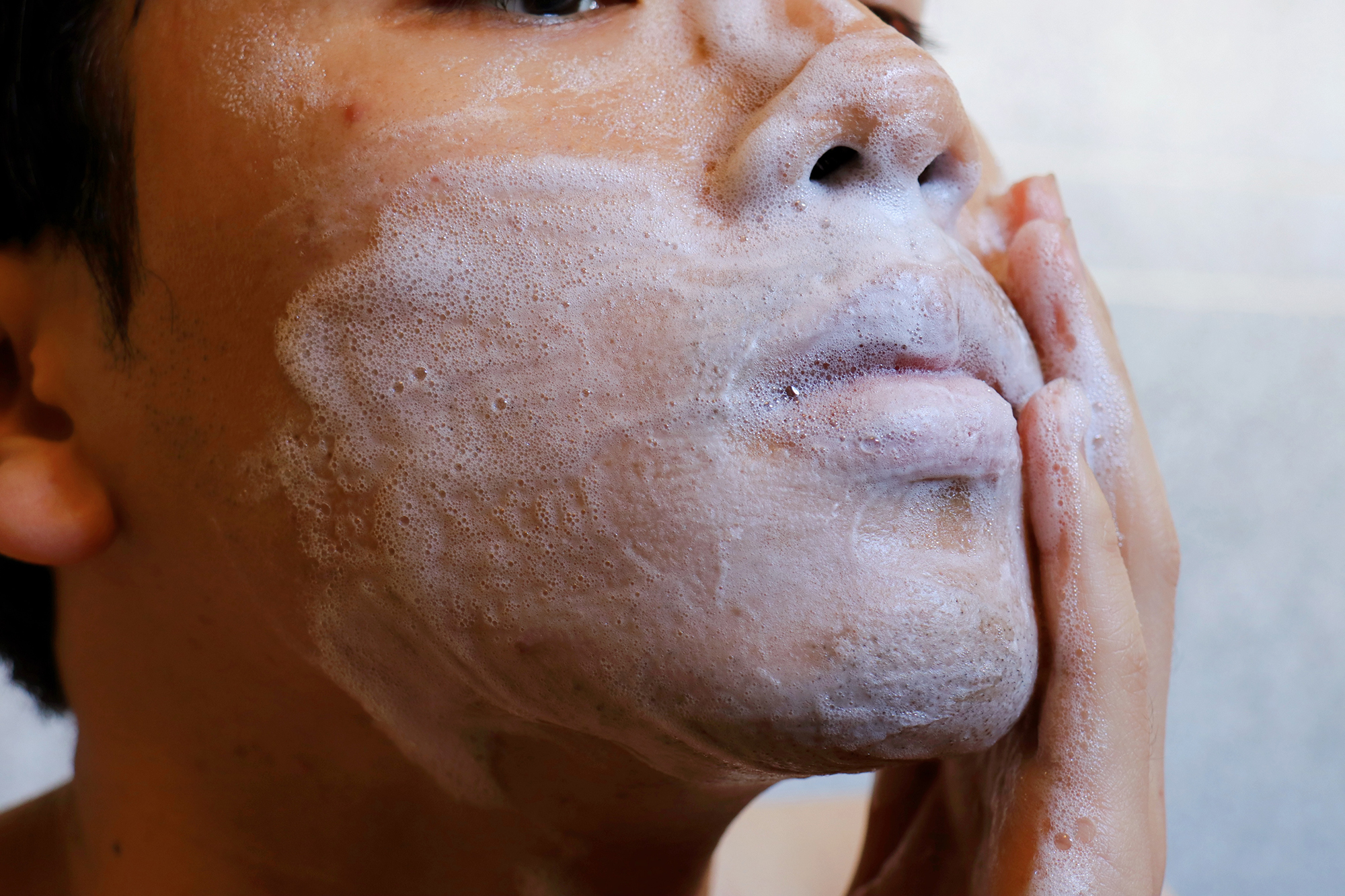 A,Japanese,Man’s,Face,Is,Coated,With,Facial,Cleansing,Foam.