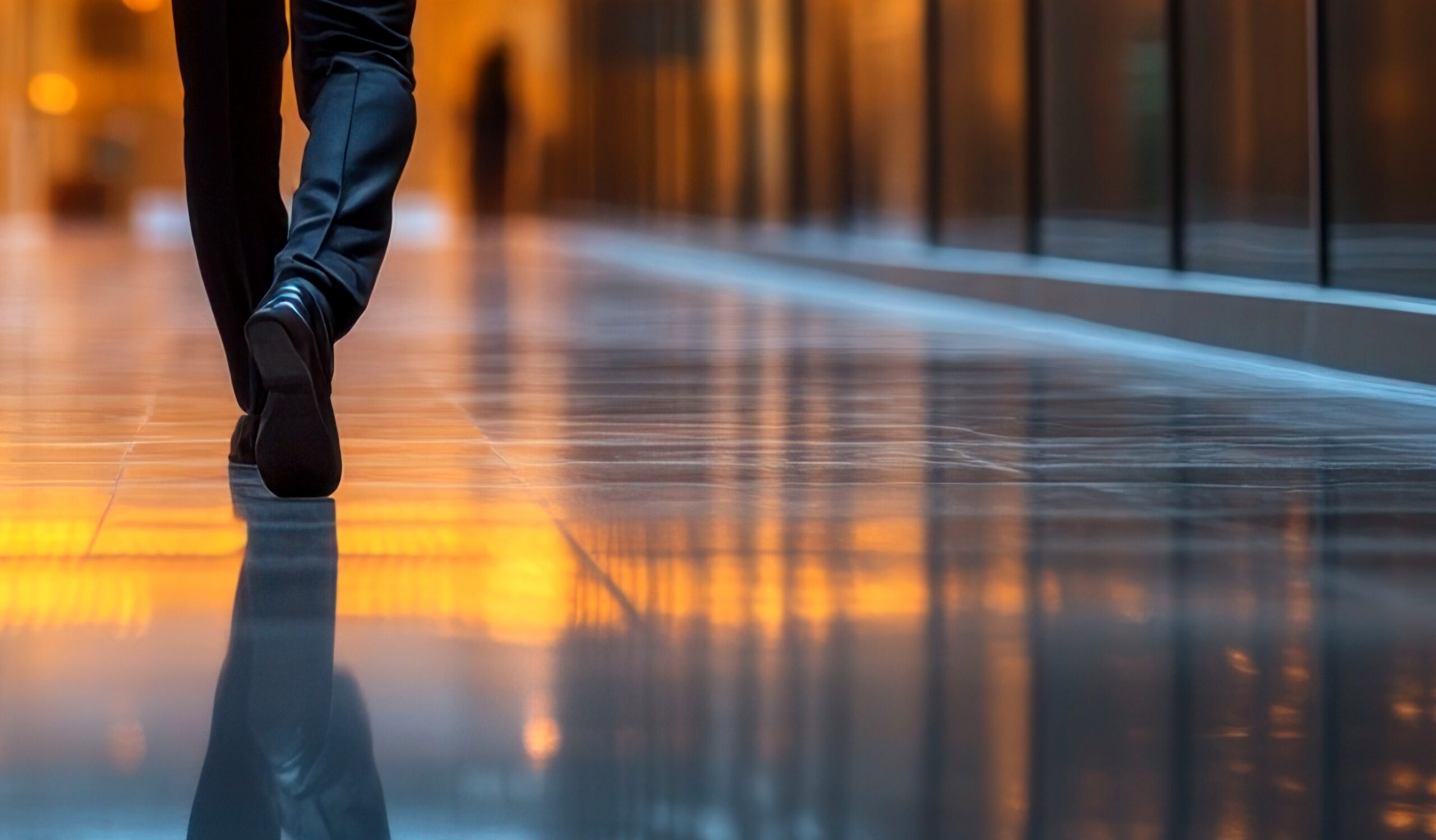 Male,Footsteps,In,A,Modern,Office,Hallway,With,Reflective,Flooring.