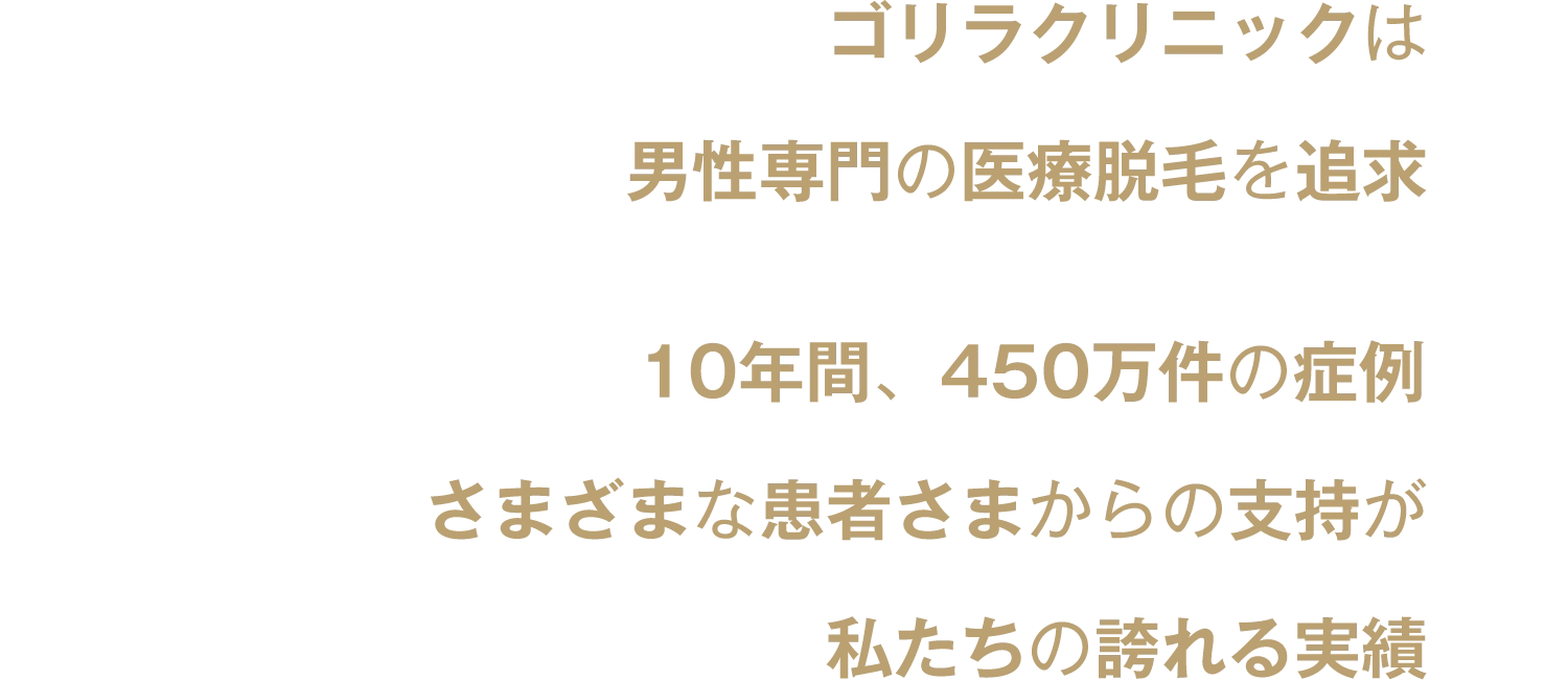 ゴリラクリニックは男性専門の医療脱毛を追求　10年間、450万件の症例 さまざまな患者さまからの支持が 私たちの誇れる実績
