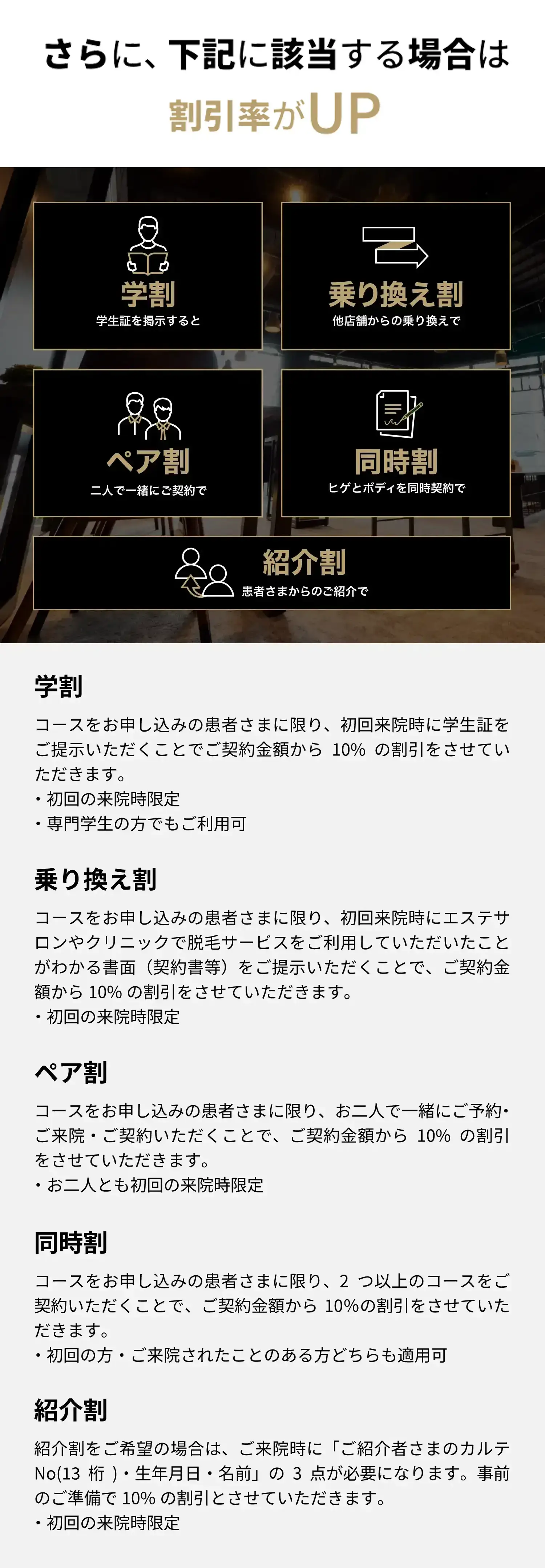 さらに下記に該当する場合は割引率がUP！学割/乗り換え割/ペア割/同時割/紹介割