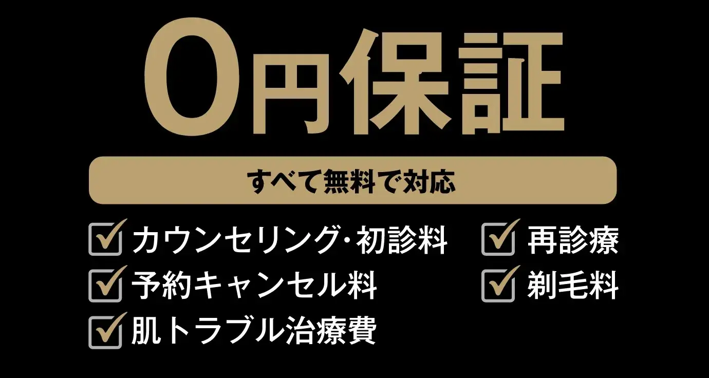 \0保証システム カウンセリング・初診料 再診料 予約キャンセル料 剃毛料 肌トラブル治療費 お薬代 全て無料で対応 コース料金以外に追加料金は一切かかりません。